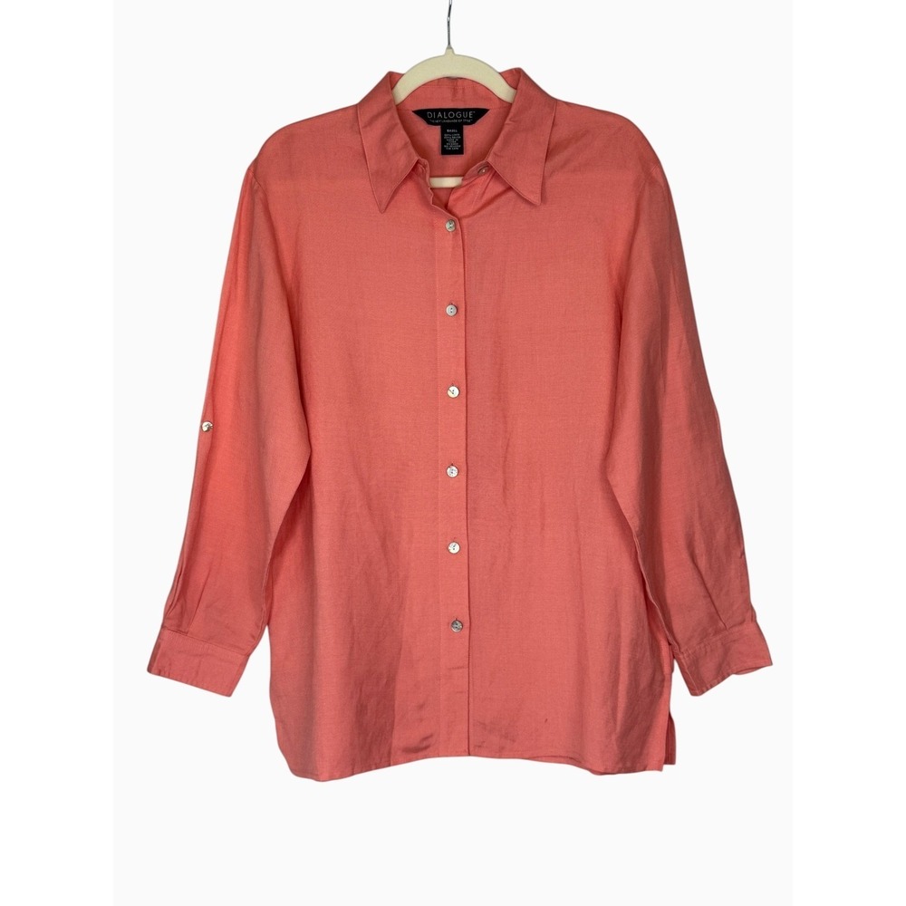 Dialogue Womens Small Coral Linen Rayon Button Down‎ Shirt Long Sleeve Relaxed